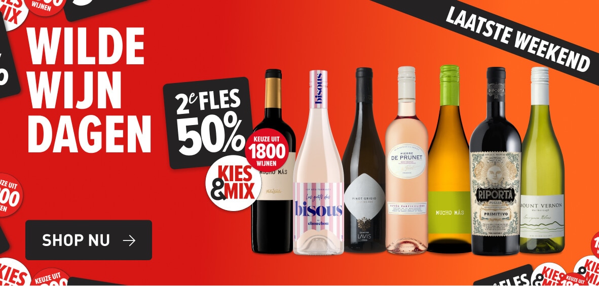 Wilde Wijn Dagen. Keuze uit 1800 wijnen 2e fles 50% korting kies & mix. Laatste weekend